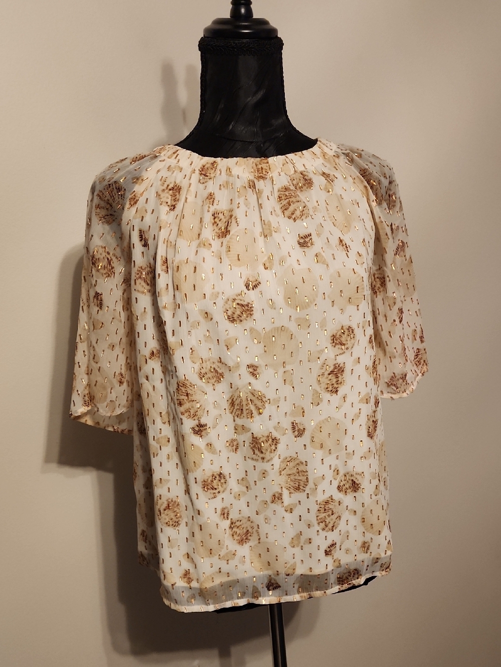 Elegant White & Gold Floral Blouse - Women's Top